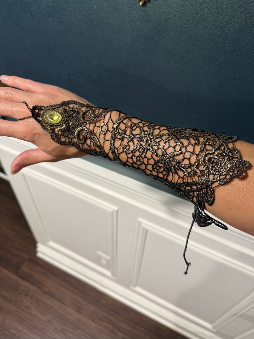 Victorian-Inspired Black Lace Wrist Cuff with Brass Accent